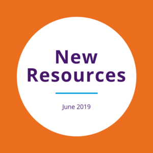 "New resources June 2019" written on a white circle over an orange background