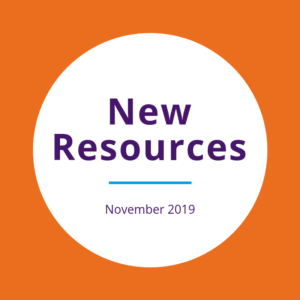 "New resources November 2019" written on a white circle over an orange background